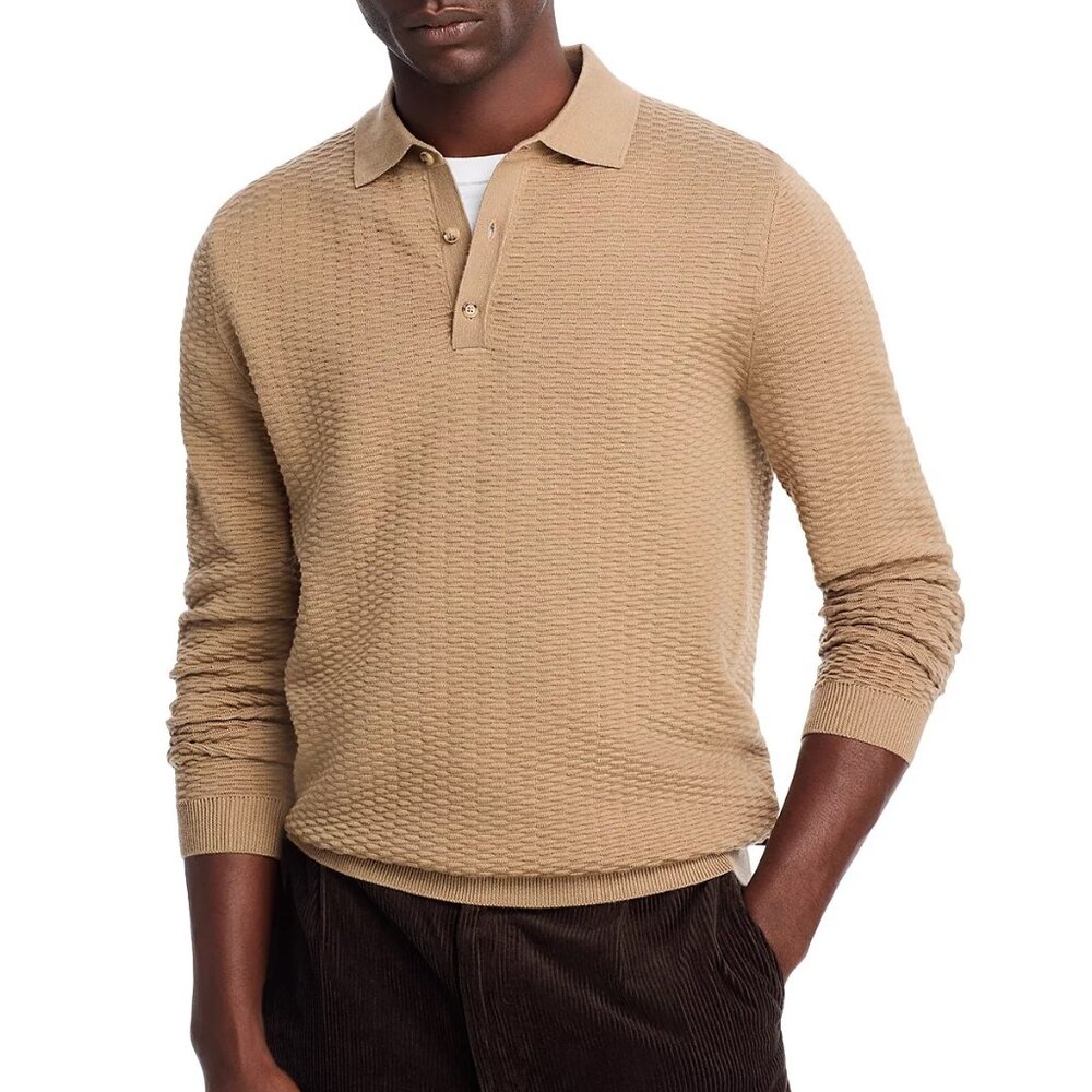 Hugo Boss Men's Long Sleeve BOSS Diluigi Textured Knit Polo Sweater Open Beige
